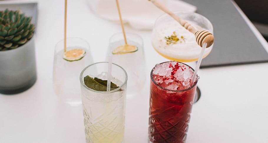 five drinking glass filled with liquid, beverage, lemonade, hungary HD wallpaper