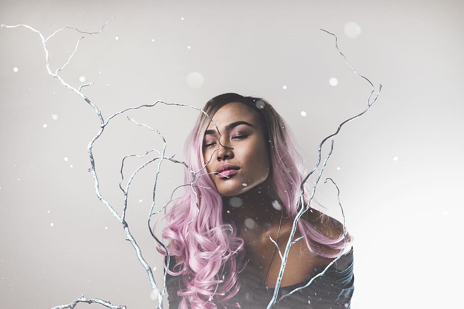 white, snowing, winter, pastel, black, silver, nature, girl HD wallpaper