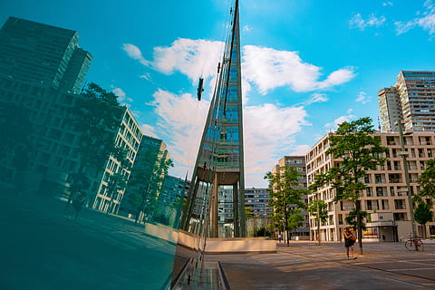 austria, wien, wohnpark donaucity, reflection, reflexion, sky HD wallpaper