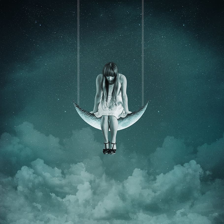 moon, nature, swing, sky, girl, woman, people, human, full length HD wallpaper