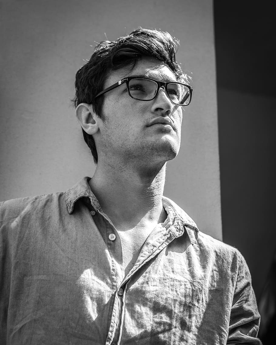 Grayscale Photo of Man Looking Up Wearing Button-up Shirt, adult