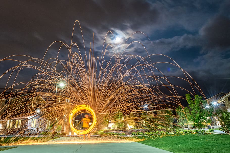 fire, fire wheel, sparks, light trails, steel wool, moon, fire trail HD wallpaper