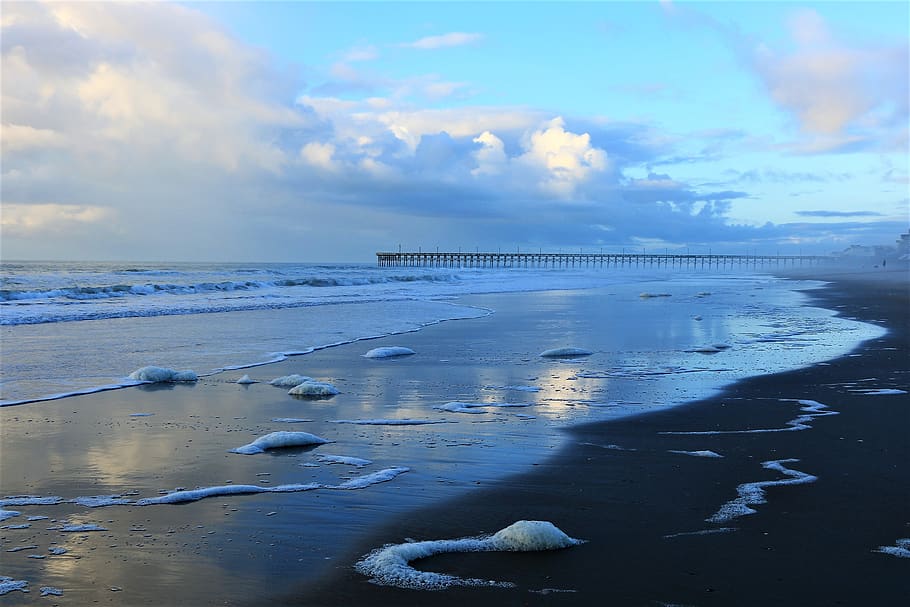 ocean, sunrise, beach, clouds, sky, dawn, calm, reflection HD wallpaper