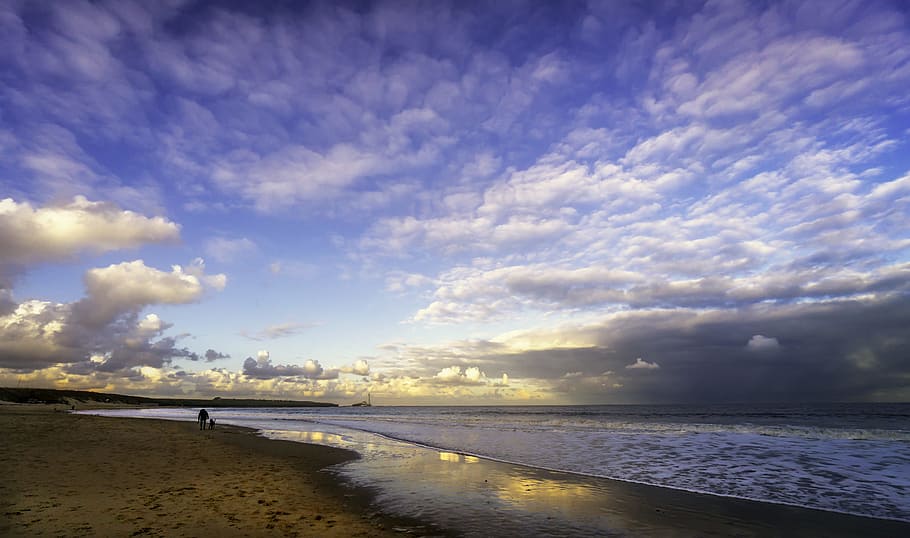Person Walking on Shore on Beach, clouds, coast, evening, landscape HD wallpaper