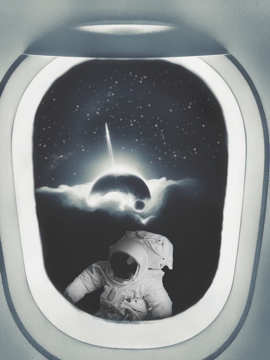 space, spacescape, astronomy, planet, window, black and white HD wallpaper