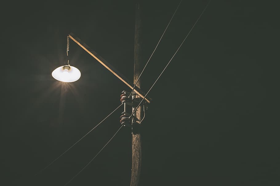 post, power lines, light, dark, night, evening, wood, electricity HD wallpaper