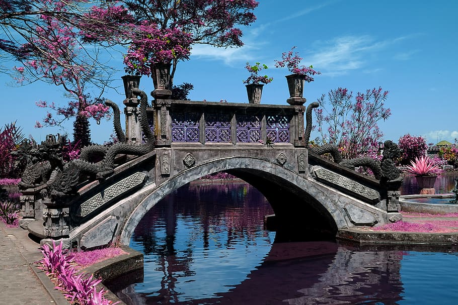 gray concrete arch bridge, water, outdoors, building, plant, taman tirtagangga HD wallpaper