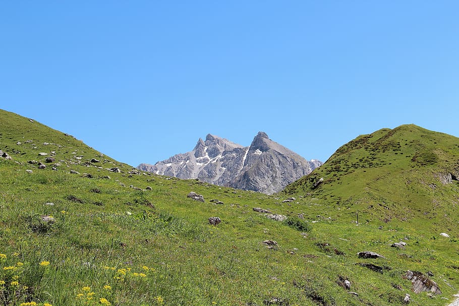 mountain, landscape, alpine, sky, green color, beauty in nature HD wallpaper
