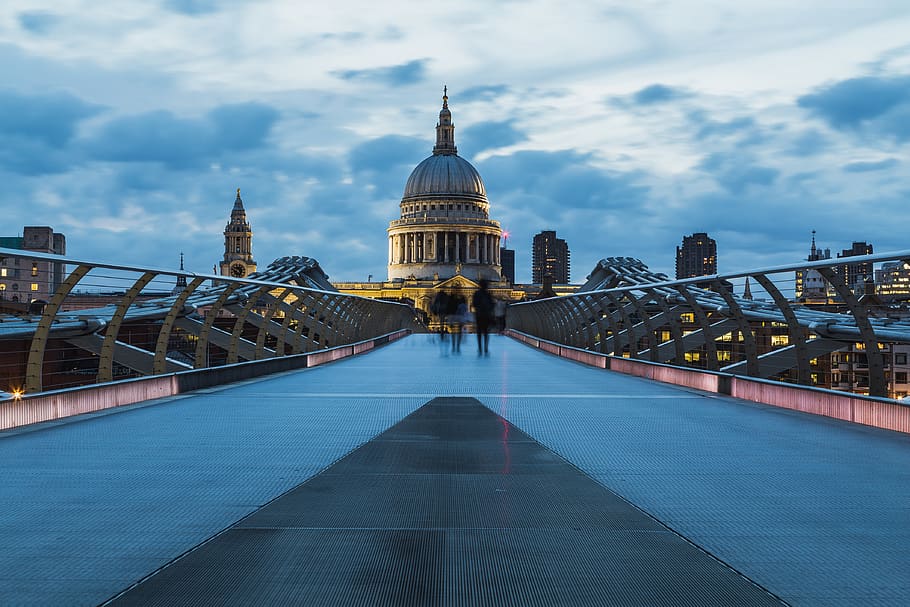 People Walking on Tile Floor With Railings, architecture, blue HD wallpaper