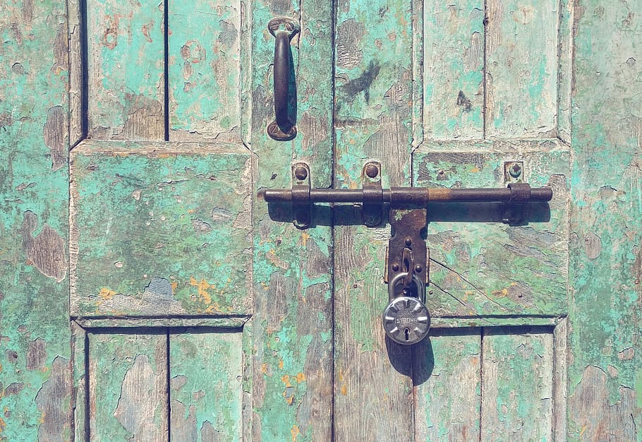 door, rust, handle, lock, wood, wall, sliding door, combination lock, HD wallpaper