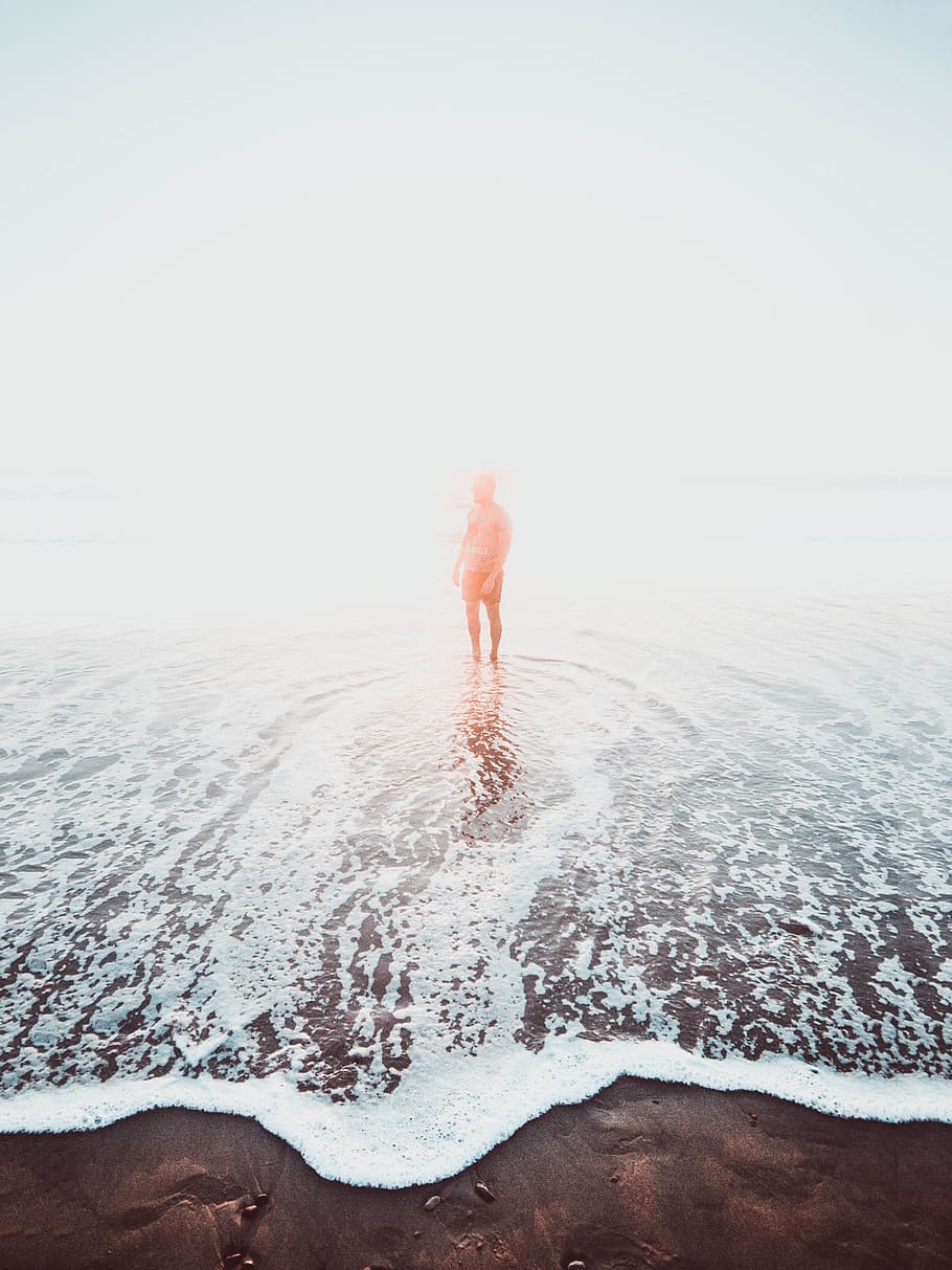 Man Standing in Body of Water, beach, coast, environment, foam HD wallpaper