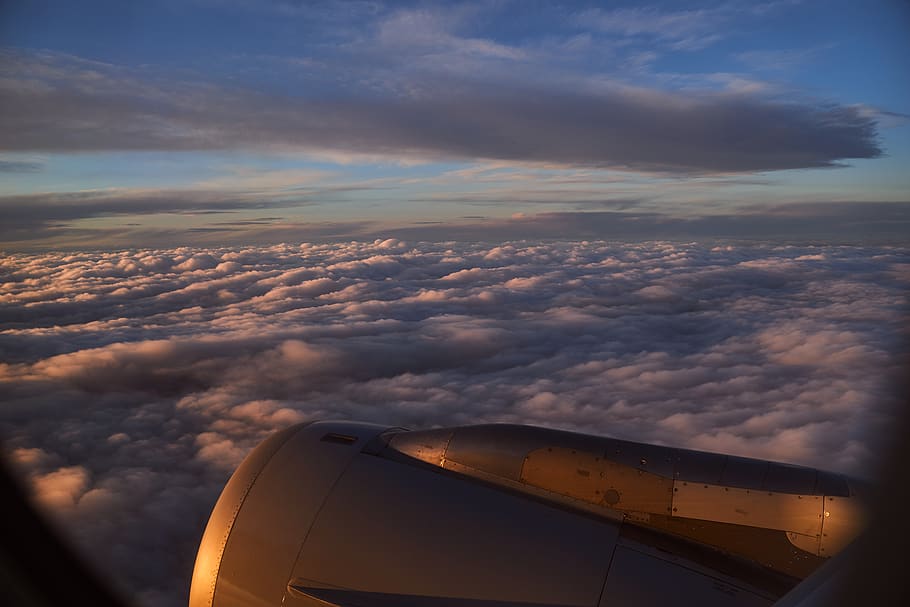 flight, sunrise, engine, mood, dusk, clouds, aircraft, passenger aircraft HD wallpaper