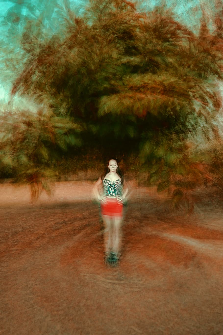 women's black top, layer, thinking, girl, art, vegetation, pattern HD wallpaper