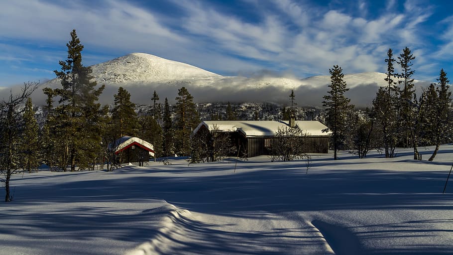 winter, snow, cottage, mountain, the nature of the, landscape HD wallpaper