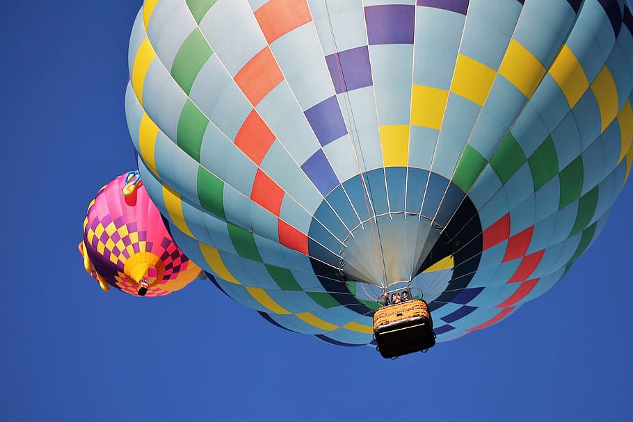 Blue and Multicolored Hot Air Balloon Under Blue Sky, activity, HD wallpaper