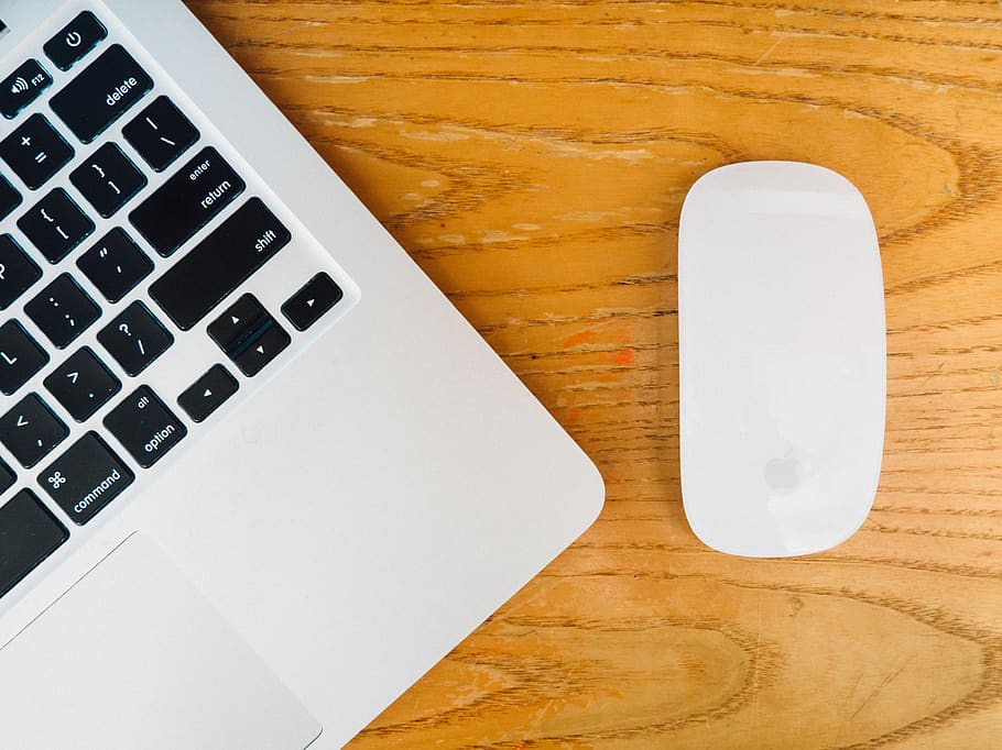 laptop, workspace, mouse, keyboard, desk, apple, technology HD wallpaper