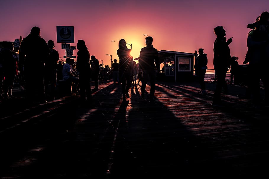 Silhouette Photography of People Standing on Dock, crowd, dawn HD wallpaper