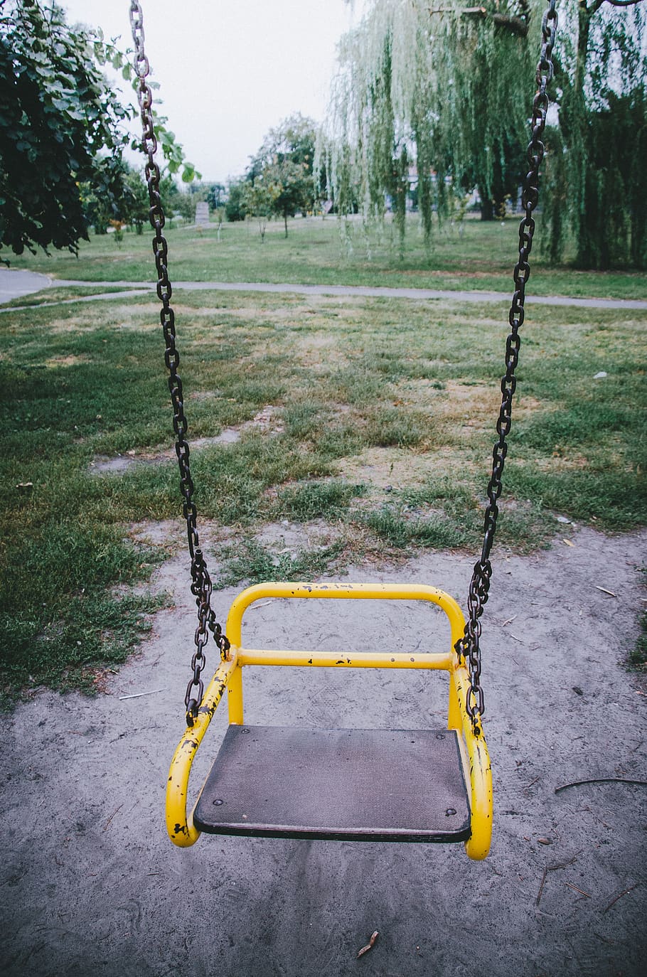 swing, park, plant, empty, tree, playground, day, absence, nature, HD wallpaper