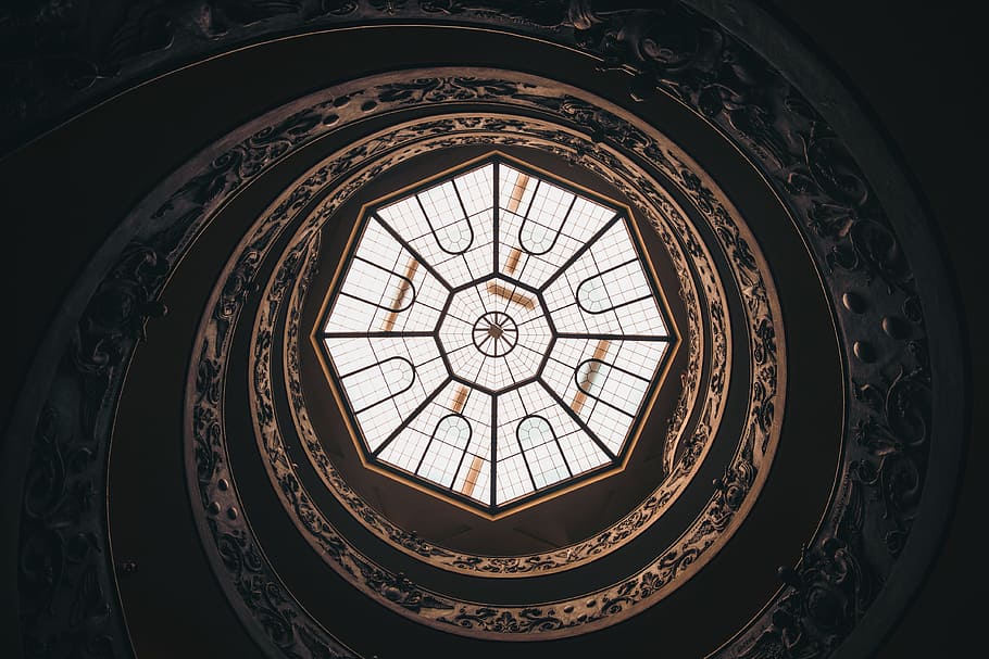 round ceiling with window, building, staircase, circle, looking up HD wallpaper
