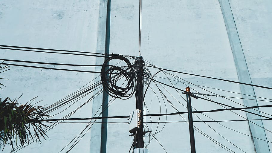 black utility post, surabaya, indonesia, cable, wire, flora, grass HD wallpaper