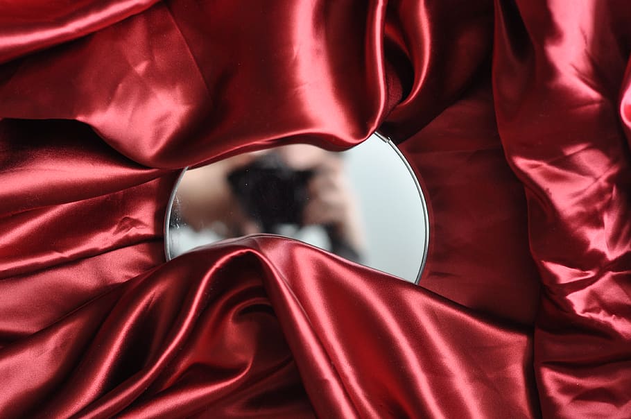 round mirror on red textile, silk, indoors, people, curve, pattern HD wallpaper