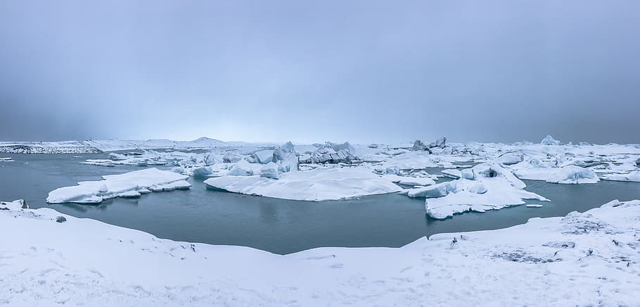 snow-covered land, ice, water, glacier, iceberg, winter, cold