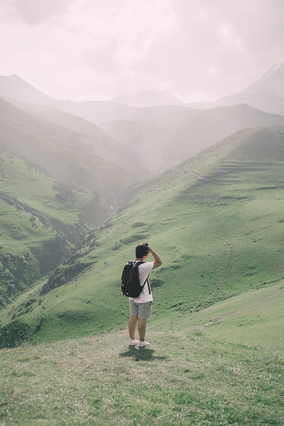 man standing on green mountain, fog, person, outdoor, hillside HD wallpaper