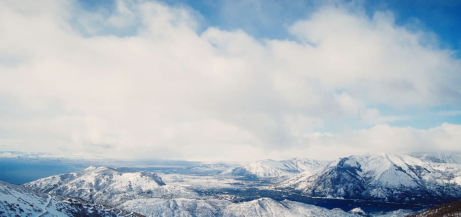 mountains, clouds, sky, blue, cold, winter, snow, peak, nature HD wallpaper