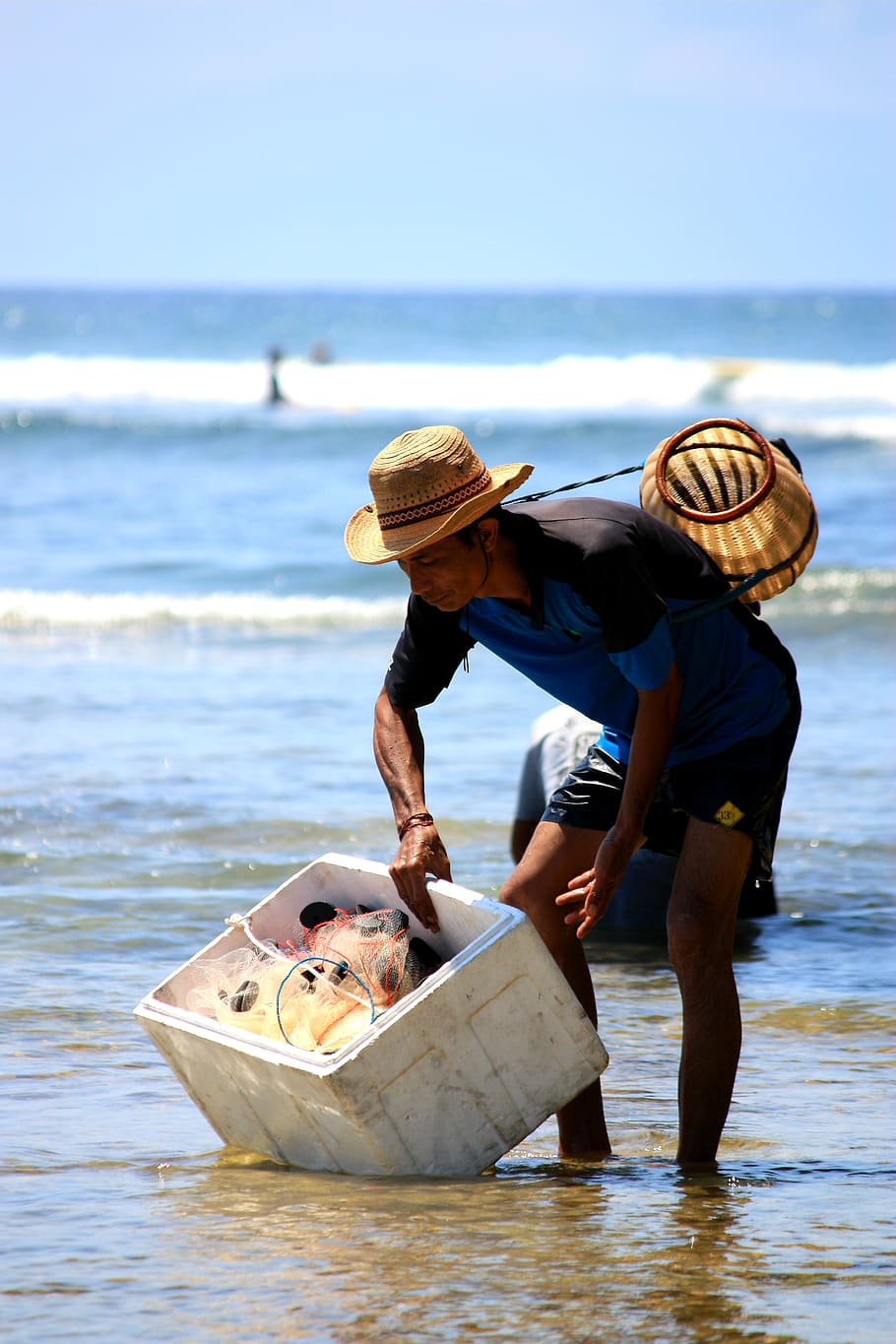 Man Holding Cooler Box, beach, fisherman, ocean, person, sea