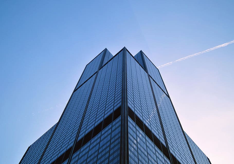 Low Angle Photography of Building, architecture, chemtrails, clear sky