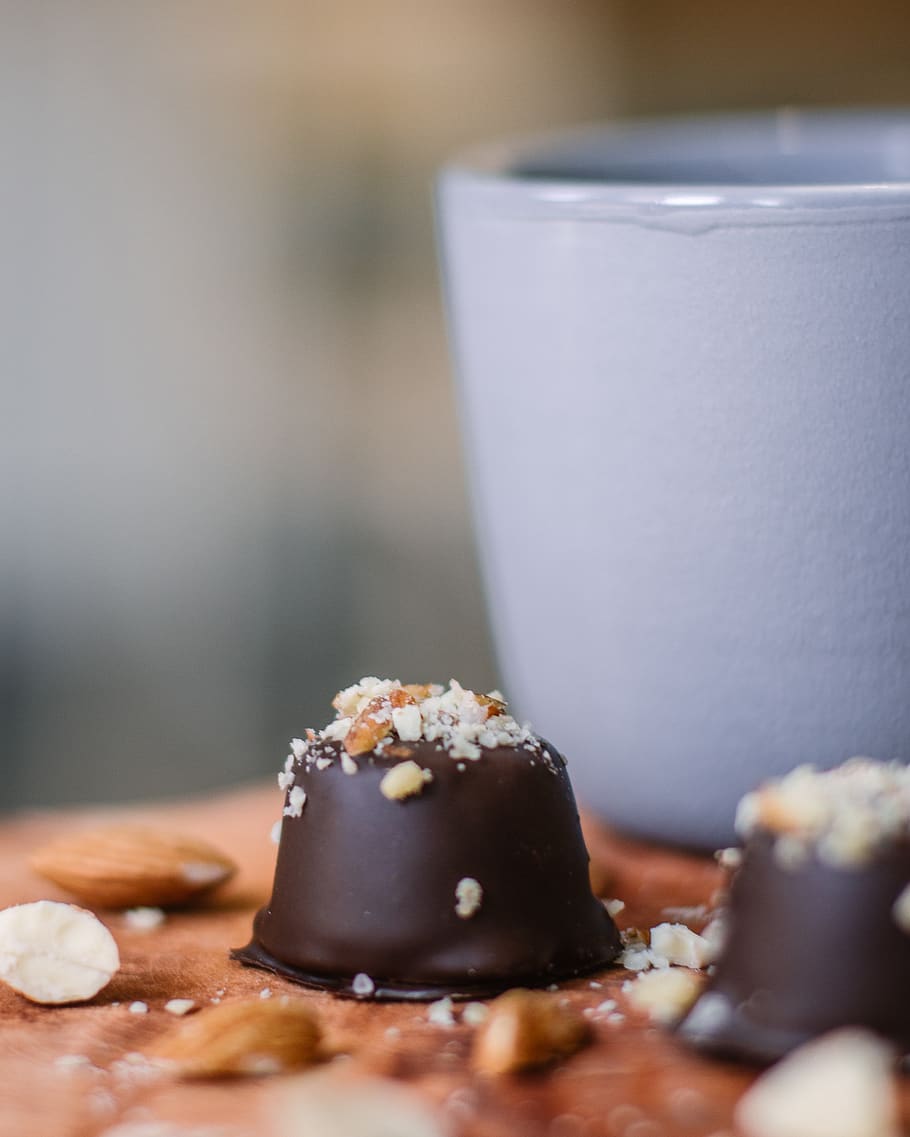 Chocolate Candy With Nuts on Table, almonds, crushed, cup, dark chocolates