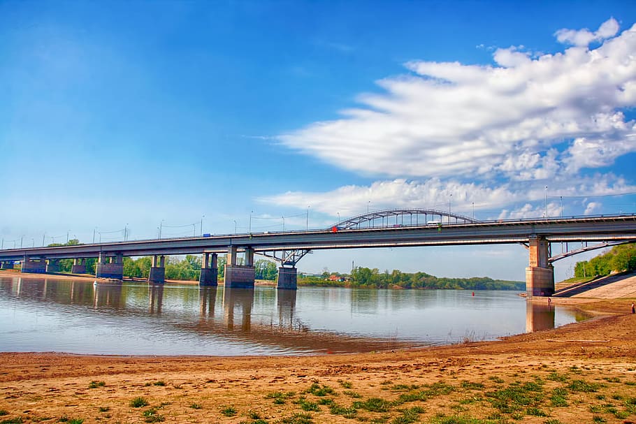 bashkortostan, blue, bridge, building, city, cloudy, landscape HD wallpaper