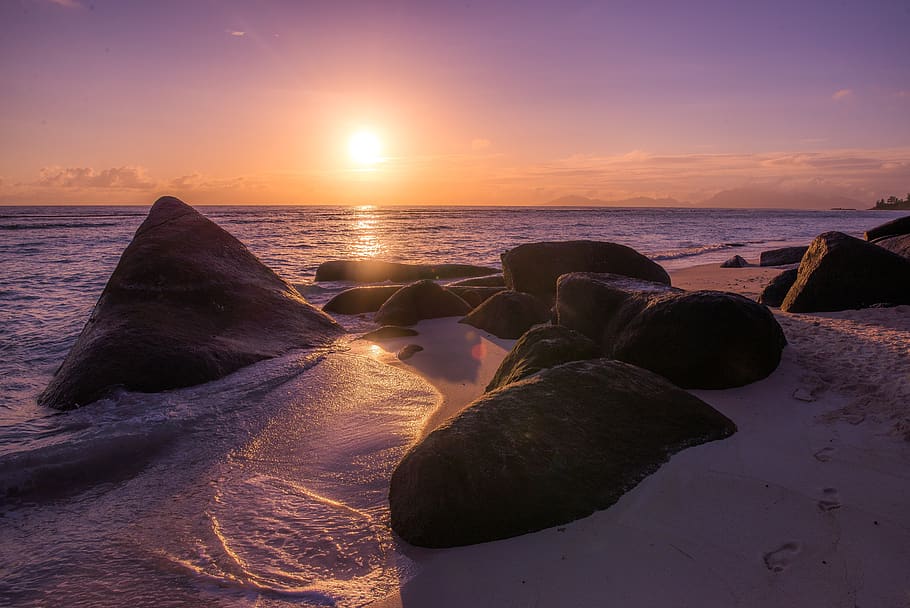 sunrise, beach, seychelles, sea, water, sky, sunset, horizon over water HD wallpaper