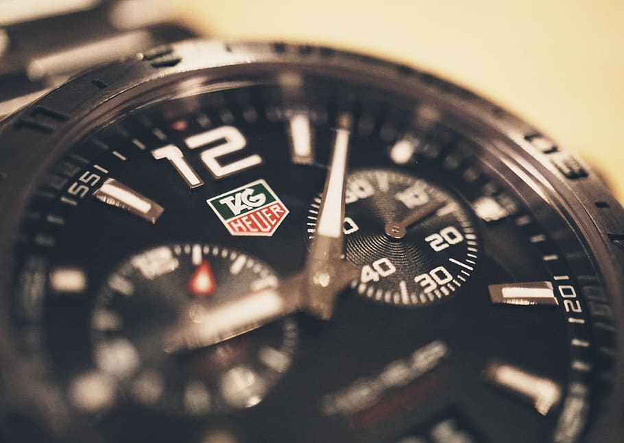 Round Black Tag Heuer Chronograph Watch, Analog watch, clock face, HD wallpaper