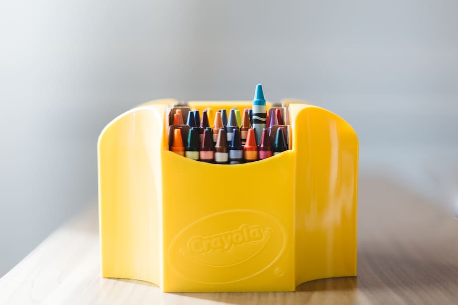 crayons, art, case, colorful, wooden, table, school, supplies HD wallpaper