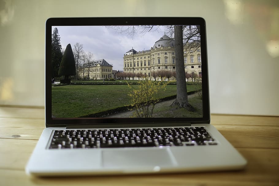 macbook, workplace, computer, travel, würzburg, residence, HD wallpaper