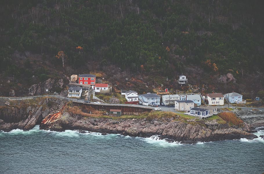 sea, ocean, water, wave, nature, coast, house, mountain, village HD wallpaper