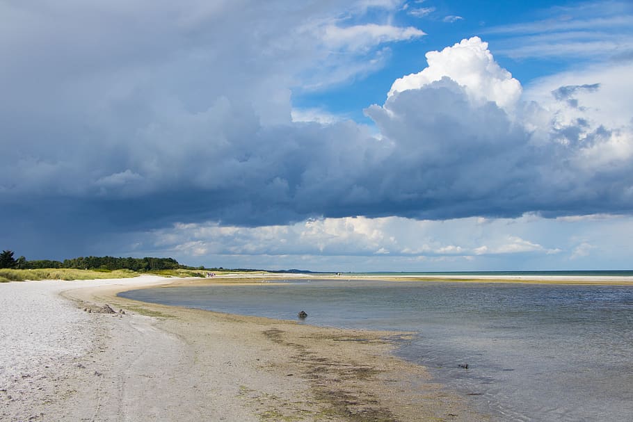 beach, water, sky, sea, coastal, sand, clouds, landscape, coastline HD wallpaper