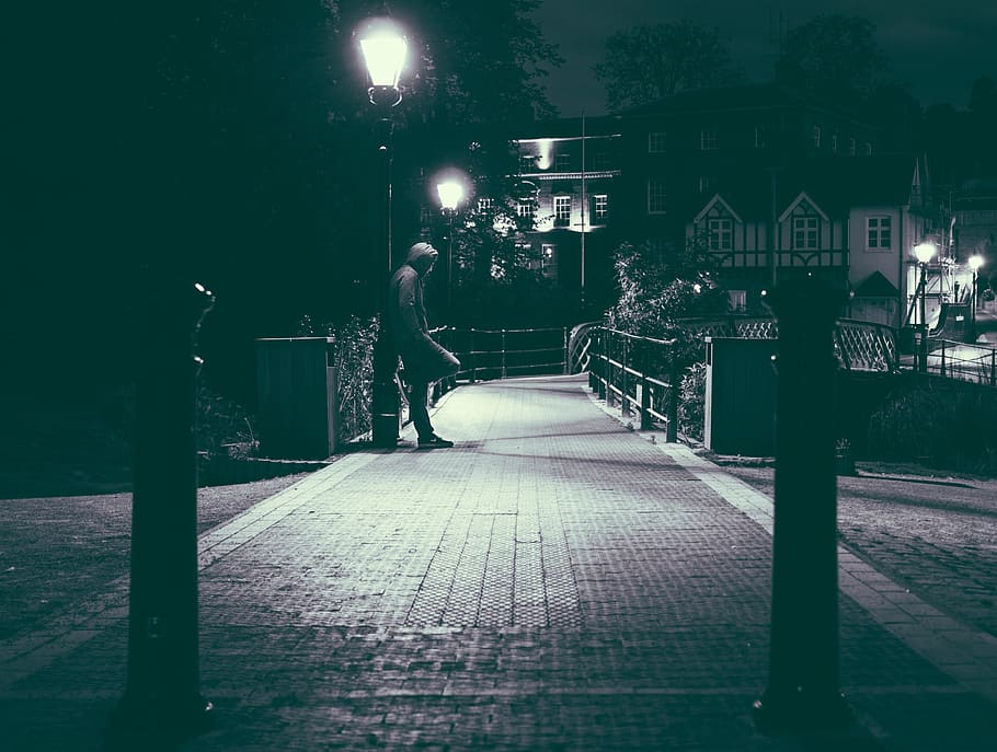man, bridge, street light, night, shifty, lurking, shadows
