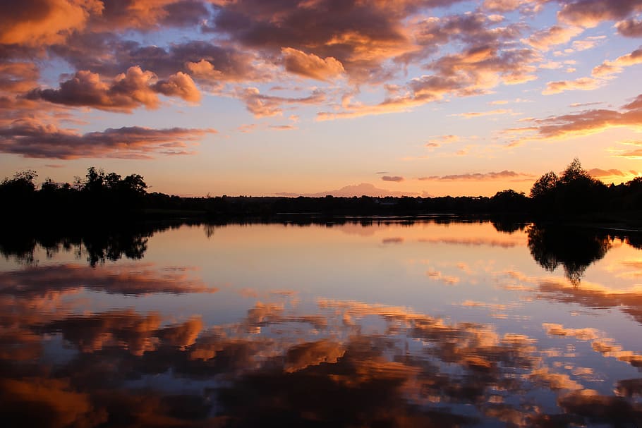 lake, sunset, summer, warm, tree, trees, black, color, colors HD wallpaper