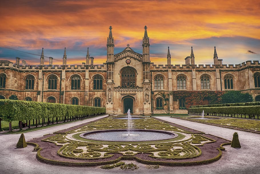 palace, architecture, sky, clouds, source, garden, sunset, landscape HD wallpaper