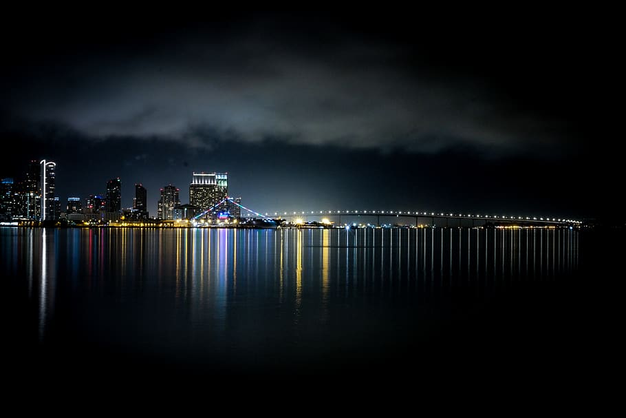 body of water across buildings at night, waterfront, nature, outdoors, HD wallpaper