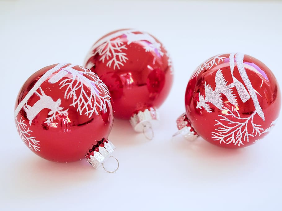 Three White-and-red Christmas Tree Printed Baubles, ball, bright HD wallpaper