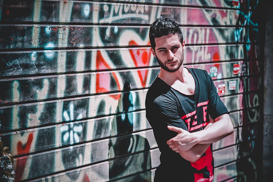 Man In Black Shirt, art, good-looking, graffiti, person, street art HD wallpaper