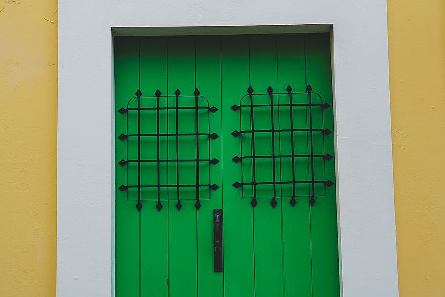 old san juan, vintage, doors, colonial, green color, architecture, HD wallpaper