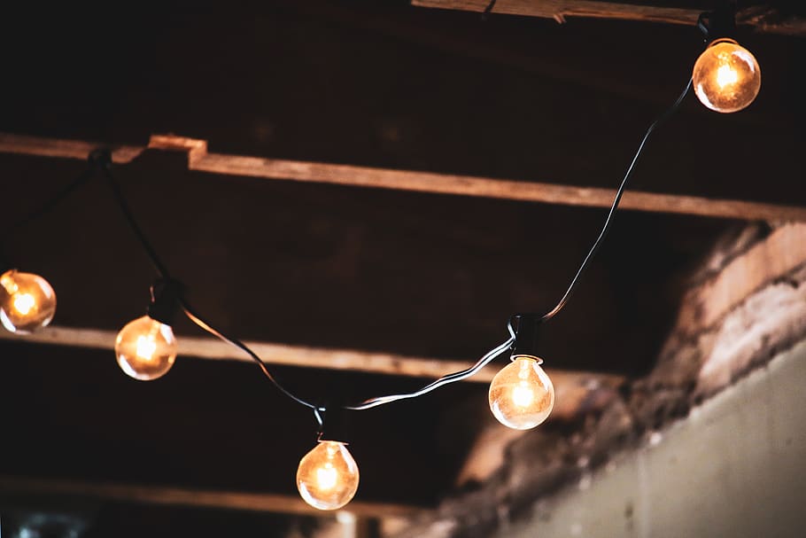 String Lights, bright, bulbs, ceiling, color, dark, design, electricity, HD wallpaper