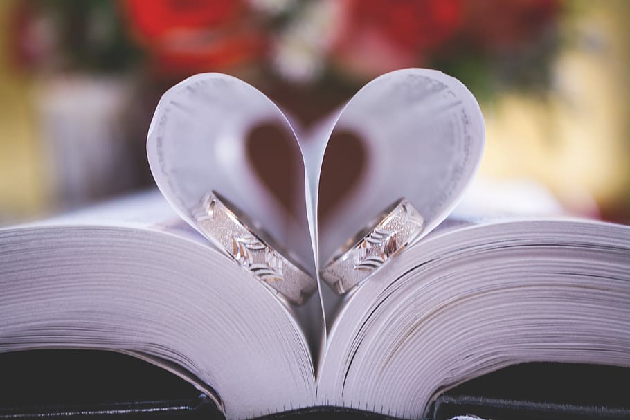 Two Rings on Opened Book, blur, close-up, design, education, engagement rings HD wallpaper