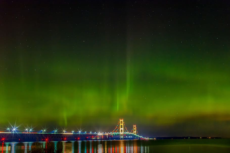 Brown Bridge during Night Time, aurora borealis, blur, bright HD wallpaper