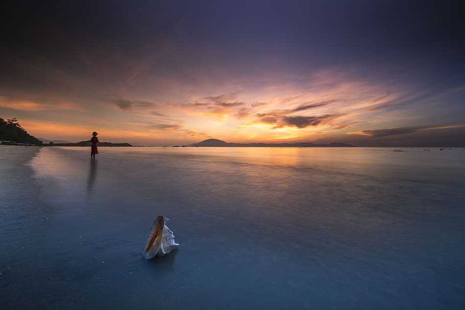 Person Standing on Shallow Water during Golden Hour, beach, clouds HD wallpaper