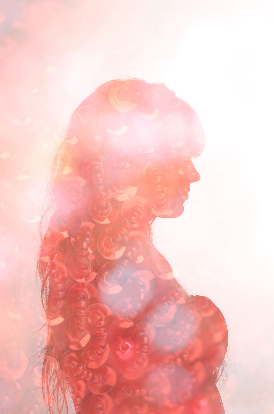 double exposure, red, silhouette, sequin, lens flare, one person HD wallpaper